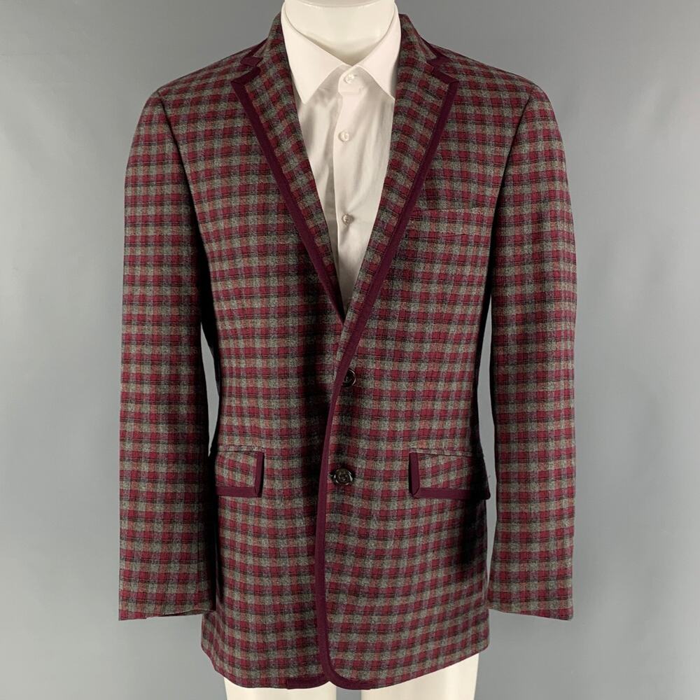ETRO Size 40 Grey Burgundy Checkered Cotton Blend Notch Lapel Sport Coat
